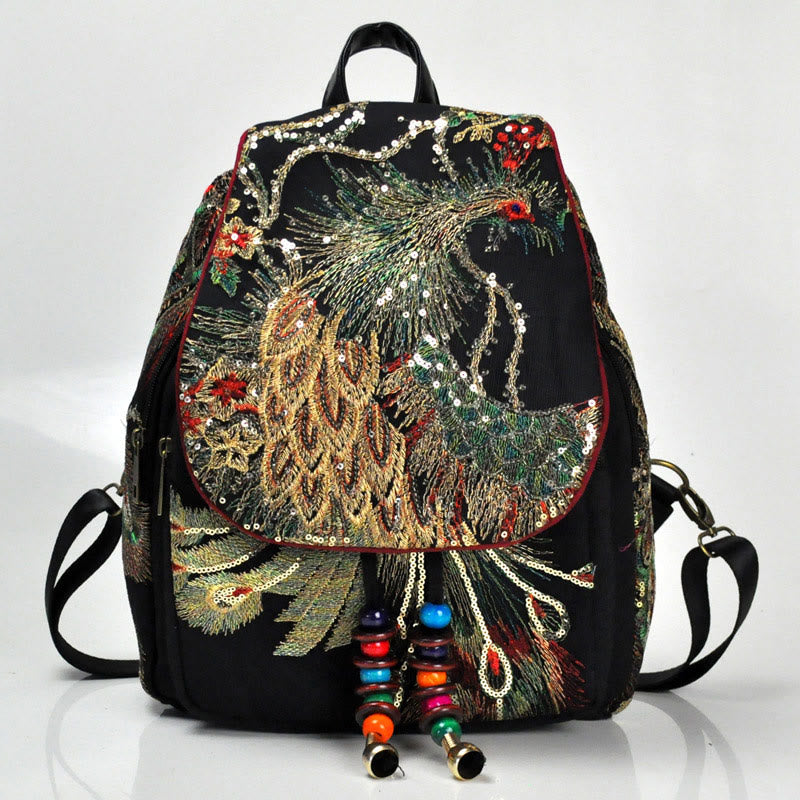 Rucksack aus Segeltuch mit Pfauenstickerei und Quasten