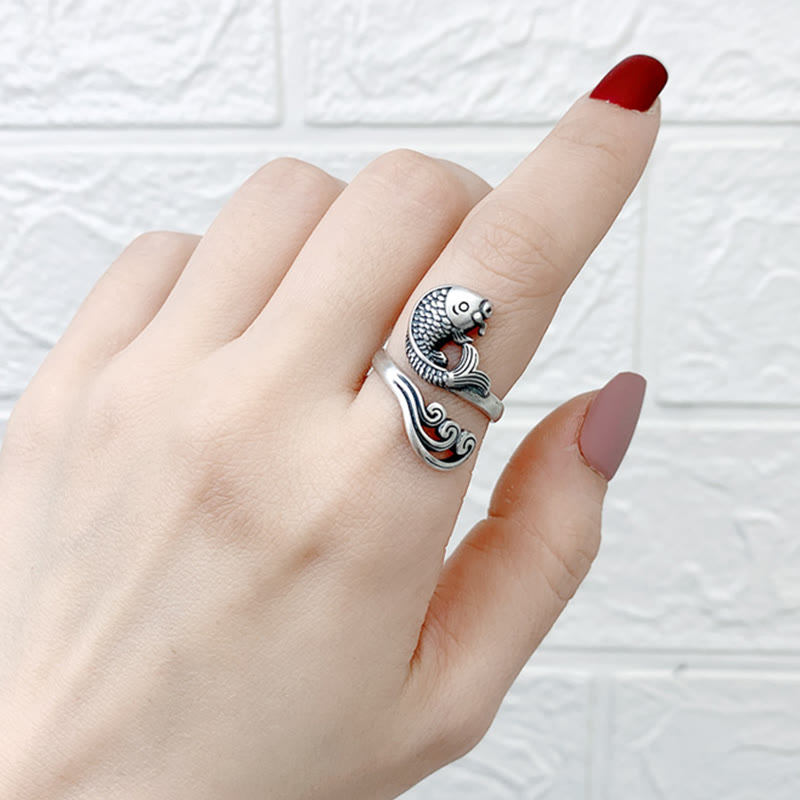 Buddha Stones 925 Sterling Silber Koi Fisch Wasser Welligkeit Glück Reichtum Ring - image 12