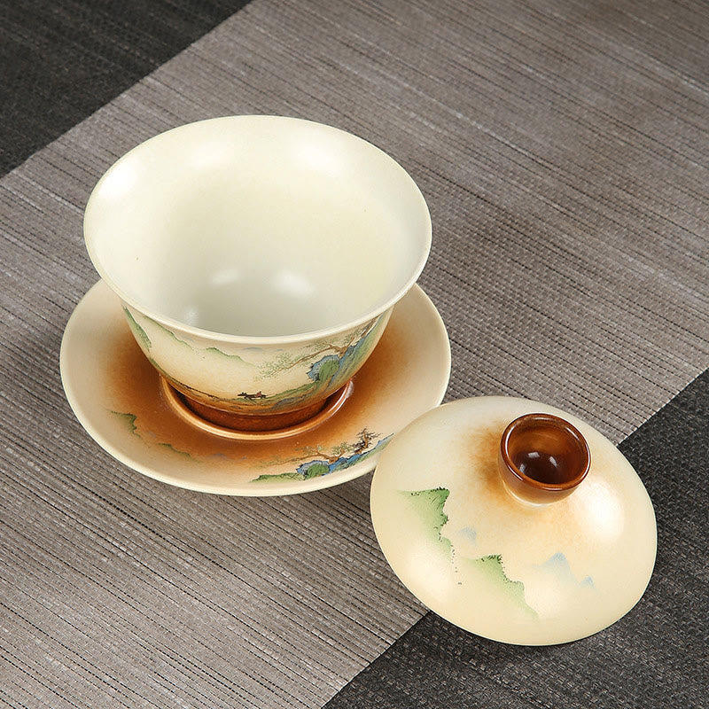 Buddha Stones Berglandschaft Landschaft Keramik Gaiwan Sancai Teetasse Kung Fu Teetasse und Untertasse mit Deckel