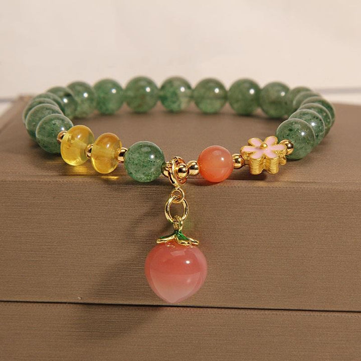 Buddha Stones Armband mit Charms, Natur, grün, Erdbeerquarz, Liebespfirsich
