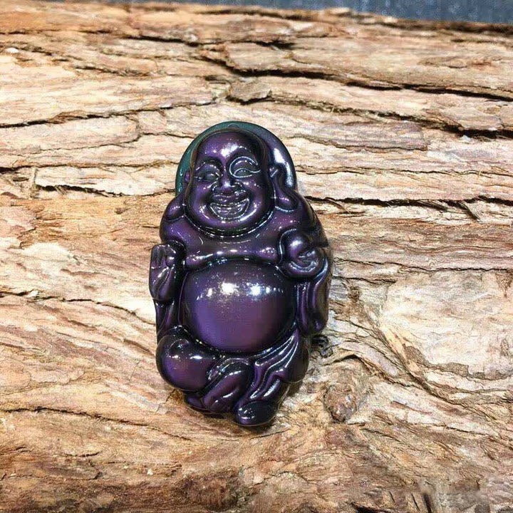 Halskettenanhänger mit natürlichem Regenbogen-Obsidian, lachender Buddha, innerer Frieden