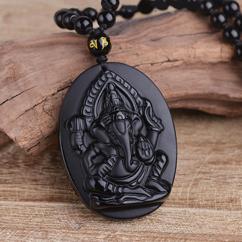 Buddha Stones Tibetischer Obsidian Ganesh Ganpati Elefant Reichtum Amulett Halskette - image 1