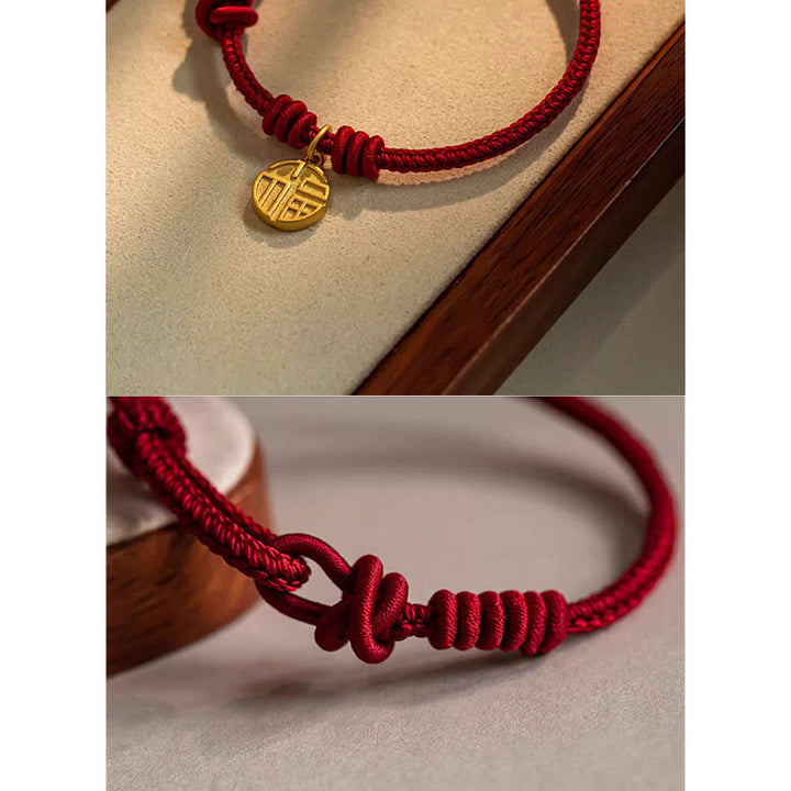 Buddha Stones Handgefertigtes Armband aus rotem Seil mit acht Fäden, Friedensknoten und Fu-Zeichen-Anhänger – ein Symbol für Glück und Freude - image 6