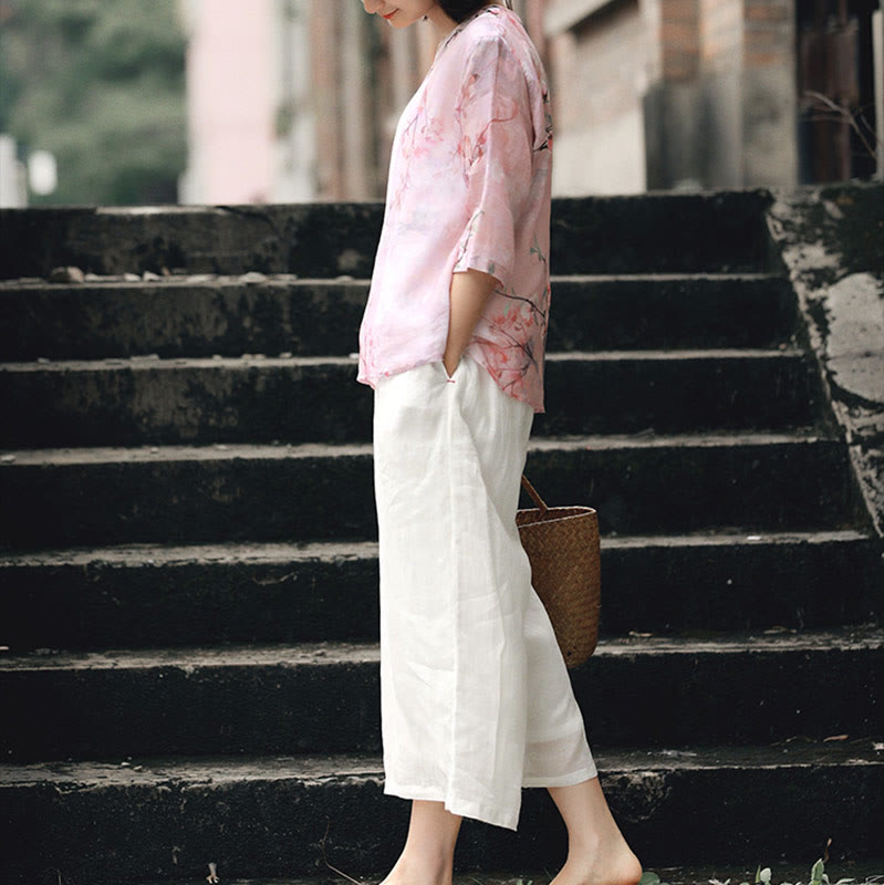 Buddha Stones V-Ausschnitt Rosa Blumenmuster Ramie Leinen Bluse Dreiviertelärmel Shirt Top