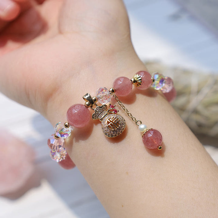 Buddha Stones Natürliches Erdbeerquarz-Kristall-Geldbeutel-Charm-Positive-Armband