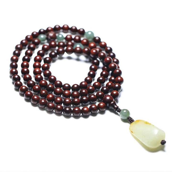 Buddha Stones Tibetisches kleines Blatt rotes Sandelholz Jade Mala Meditationsarmband