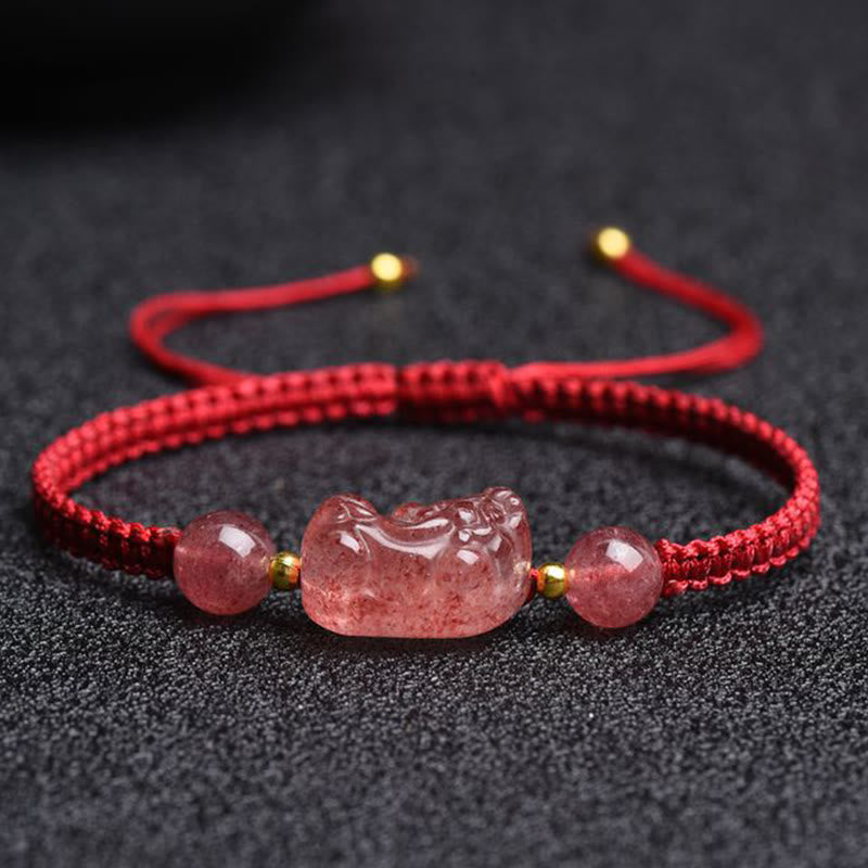 Buddha Stones Natürliches Erdbeerquarz PiXiu Lucky Red String Armband