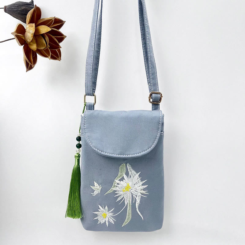 Buddha Stones Kleine Tasche mit gestickten Blumen, Crossbody-Tasche, Schultertasche, zweilagige Handytasche