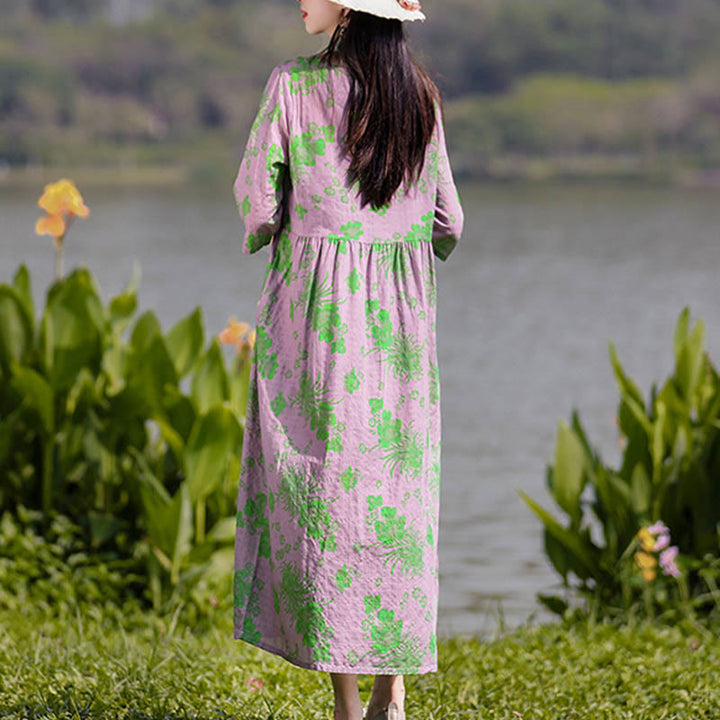 Midikleid mit Buddha-Steinen und Blumen-Print, Tunikakleid aus Baumwolle und Leinen mit Taschen