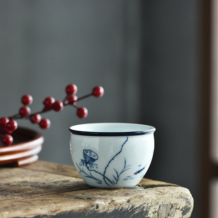 Buddha Stones Teetasse aus Keramik, Koi-Fisch, Lotusblüte, Blatt, Berge, Baum, Kung-Fu-Teetasse, 130 ml