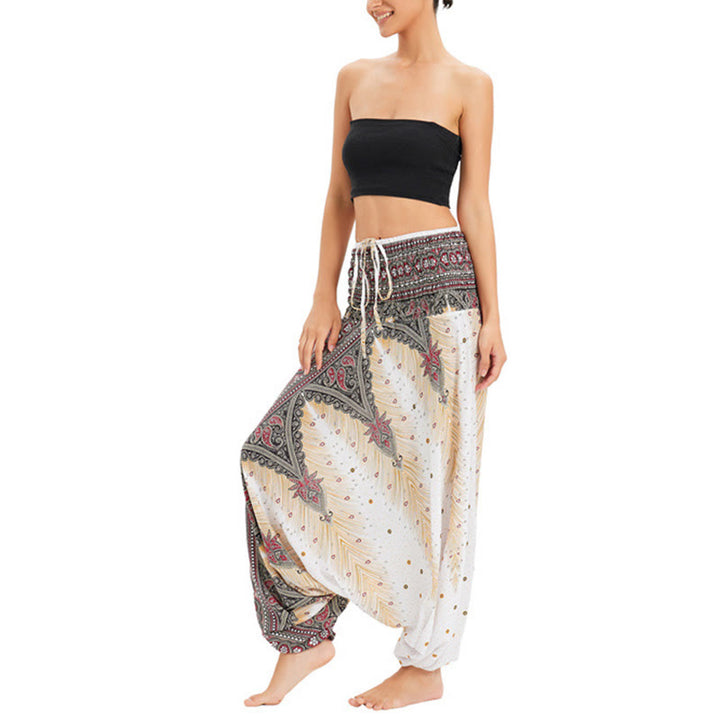 Buddha Stones Zwei Stile Tragen Pfauenfeder Lockere gesmokt Haremshose Overall Hohe Taille Hose