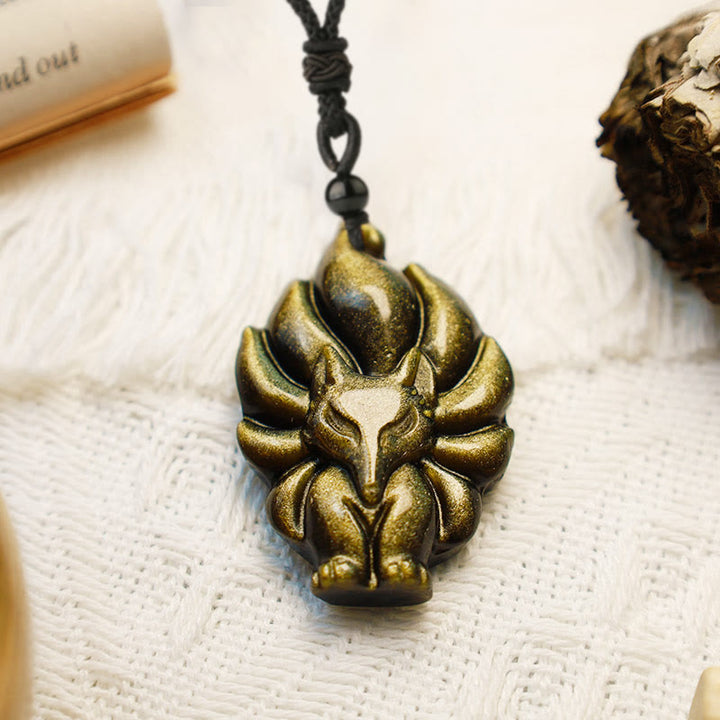Buddha Stones Natürliche Fluorit-Goldglanz-Obsidian-Fuchs-Anhänger-Schutz-Halskette