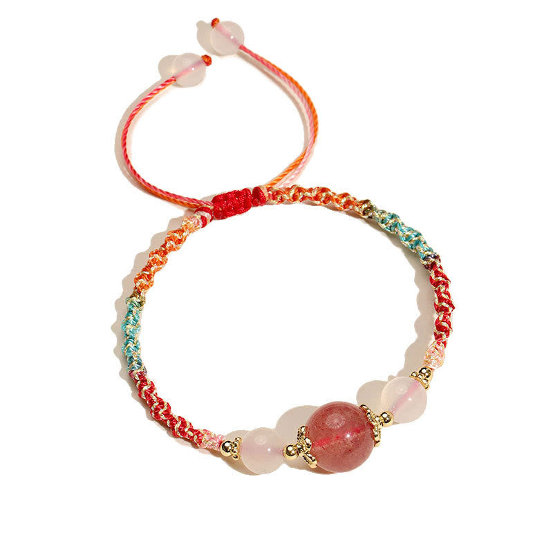 Buddha Stones Armband mit Heilseil, Erdbeerquarz, rosa Kristall, Prehnit , Weiß Achat