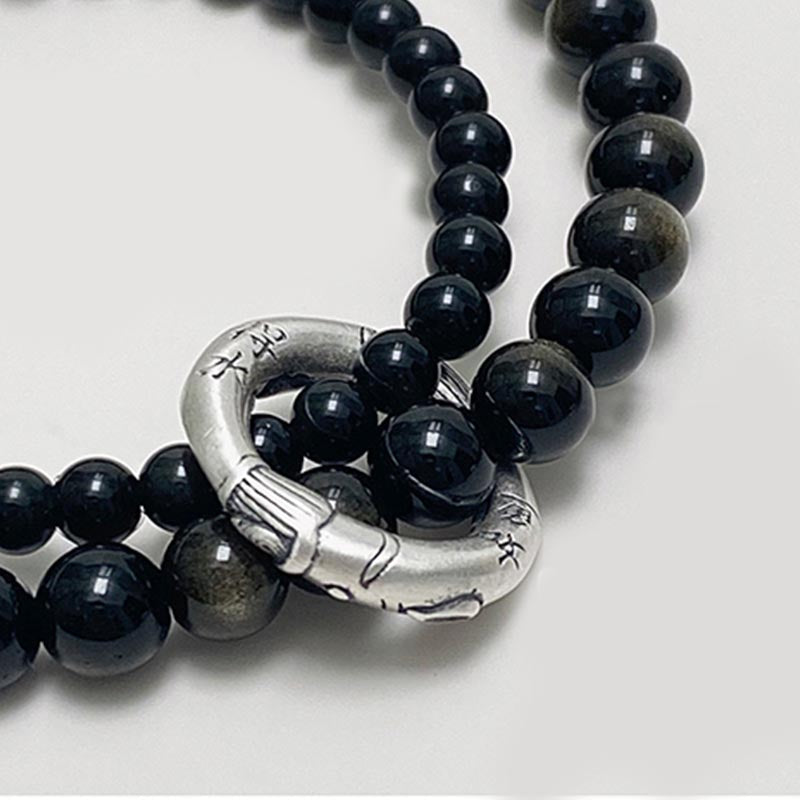 Buddha Stones Armband aus 999er-Sterlingsilber mit schwarzem Obsidian Fulfillment Strength, doppellagig