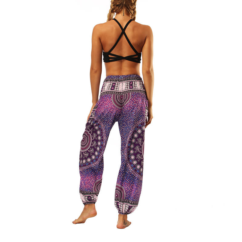 Buddha Stones Boho Lockere Haremshose mit geometrischem Elefantenmuster für Damen, Yogahose