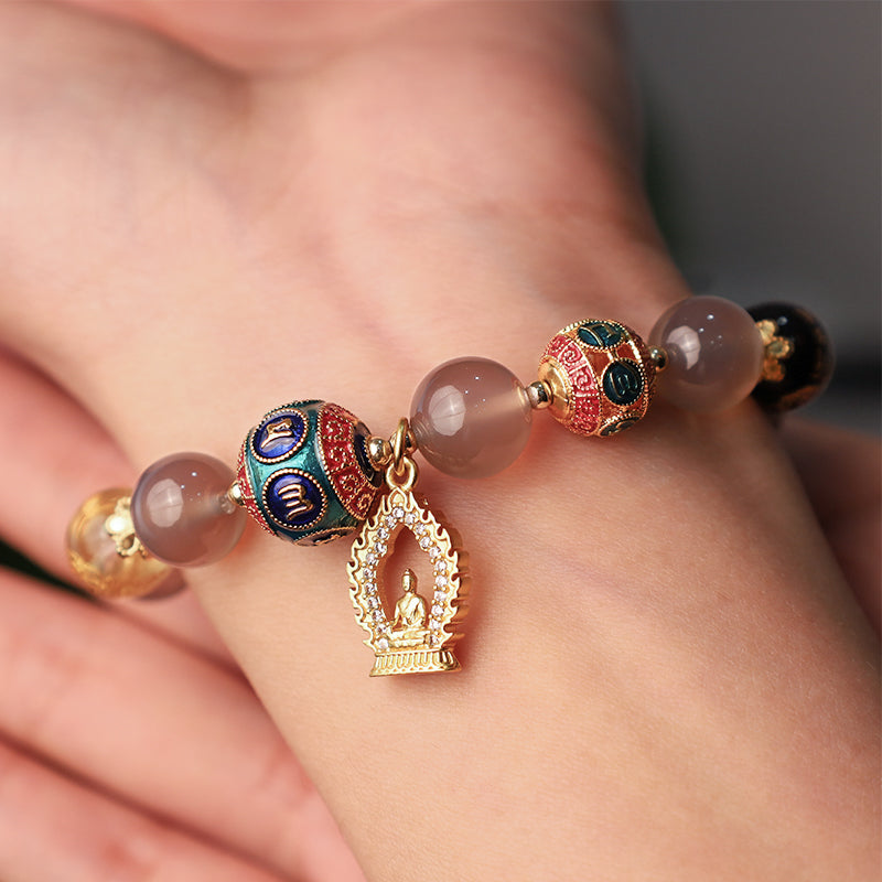 Buddha Stones Five Directions Gods of Wealth Om Mani Padme Hum Buddha-Charm-Armband, natürlicher grauer Achat