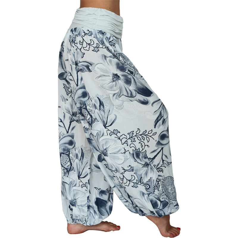 Lose Haremshose für Damen, Yogahose mit Buddha-Steinen, Blumenblattmuster