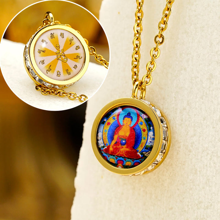 Buddha Stones, tibetischer gelber Gott des Reichtums, grüne Tara-Buddha-Gelassenheit, Halskettenanhänger aus Titanstahl - Vorderes Shakyamuni-Buddha-Rücken-Mantra - image 15