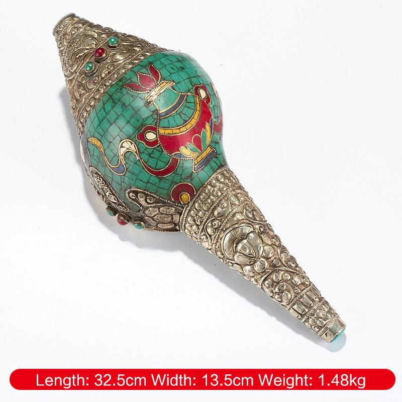 Tibetische handgefertigte gravierte Shankha Doppel-Dorje-Buddha-Muschelmuschel, Reichtum, positive Dekoration - Vase mit acht Glückssymbolen, 32,5 x 13,5 cm - image 13