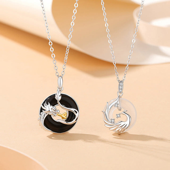 Buddha Stones 925 Sterling Silber Jahr des Drachen natürlicher schwarzer Onyx Chalcedon Drache Phönix Friedensschnalle Schutz Halskette Anhänger - image 0