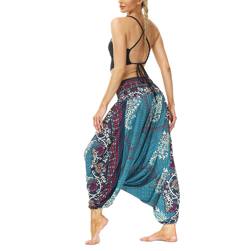 Buddha Stones Boho Lockere Haremshose mit geometrischem Blumenrankenmuster für Damen, Yogahose