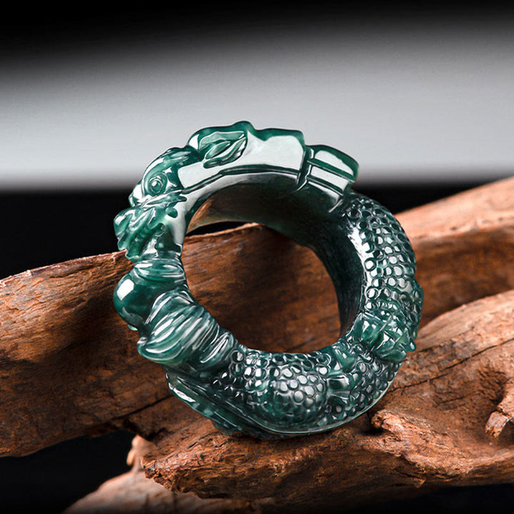 Buddha Stones Natürlicher Cyan-Jade-Drachen-geschnitzter Erfolgsring - image 3