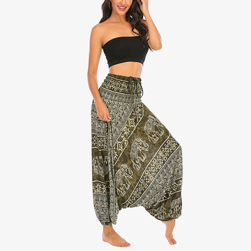 Buddha Stones Locker gesmokte Haremshose mit Elefantenmuster in zwei Stilen, Jumpsuit, Yogahose für Damen