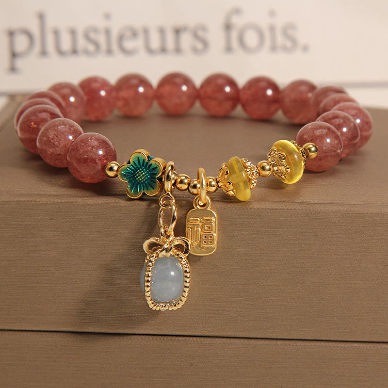 Buddha Stones Natürliches Erdbeerquarz Kristall Aquamarin Fortune Brand Love Armband