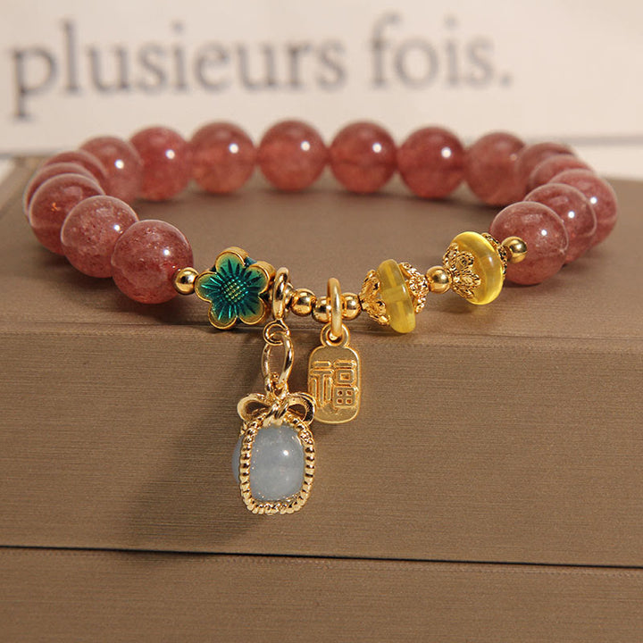 Buddha Stones Natürliches Erdbeerquarz Kristall Aquamarin Fortune Brand Love Armband