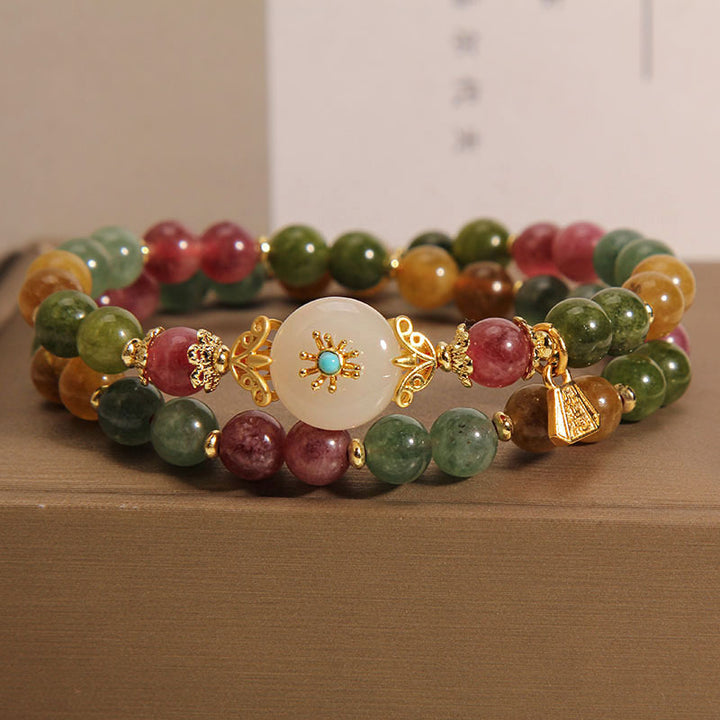 Buddha Stones Natürliches mehrfarbiges Turmalin-Jade-Blumenarmband mit positiver Wirkung, doppelt gewickelt