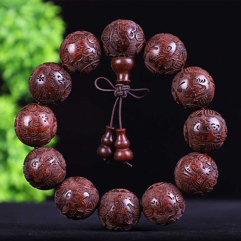 Buddha Stones Chinesisches Sternzeichen Palisander Ebenholz Kupfermünze PiXiu Geschnitztes Wärmearmband