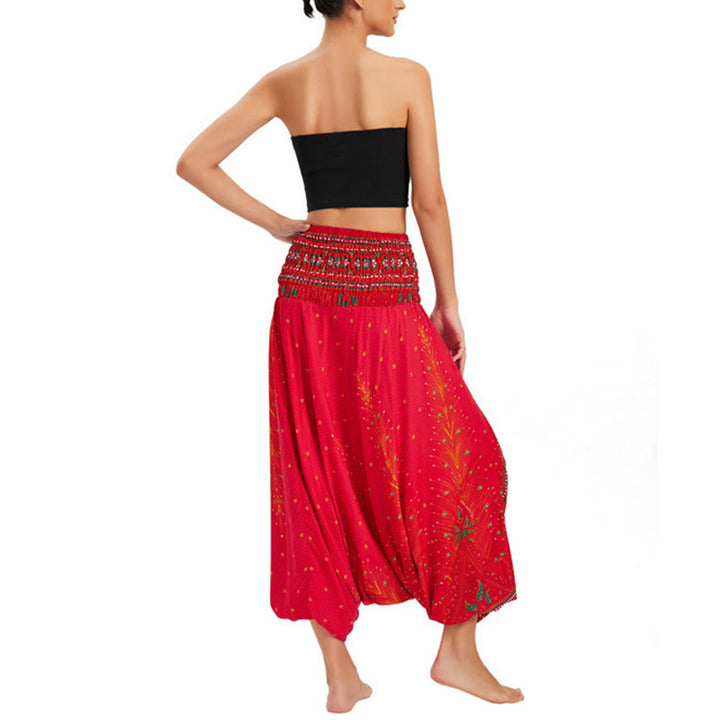 Buddha Stones Zwei Stile Tragen Pfauenfeder Lockere gesmokt Haremshose Overall Hohe Taille Hose