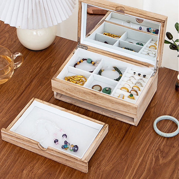 Buddha Stones Retro Beige Holz-Schmuckkästchen, zweilagige Schmuck-Aufbewahrungsbox mit Spiegel - image 5