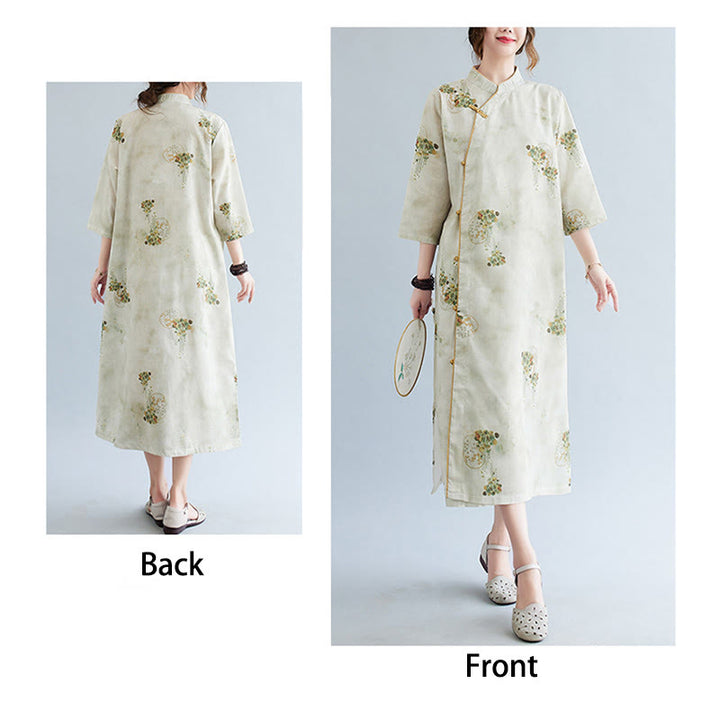 Cheongsam-Midikleid mit Buddha-Steinen, Blumen, Grün und Gelb, Blätter-Print, Dreiviertelärmel, mit Taschen