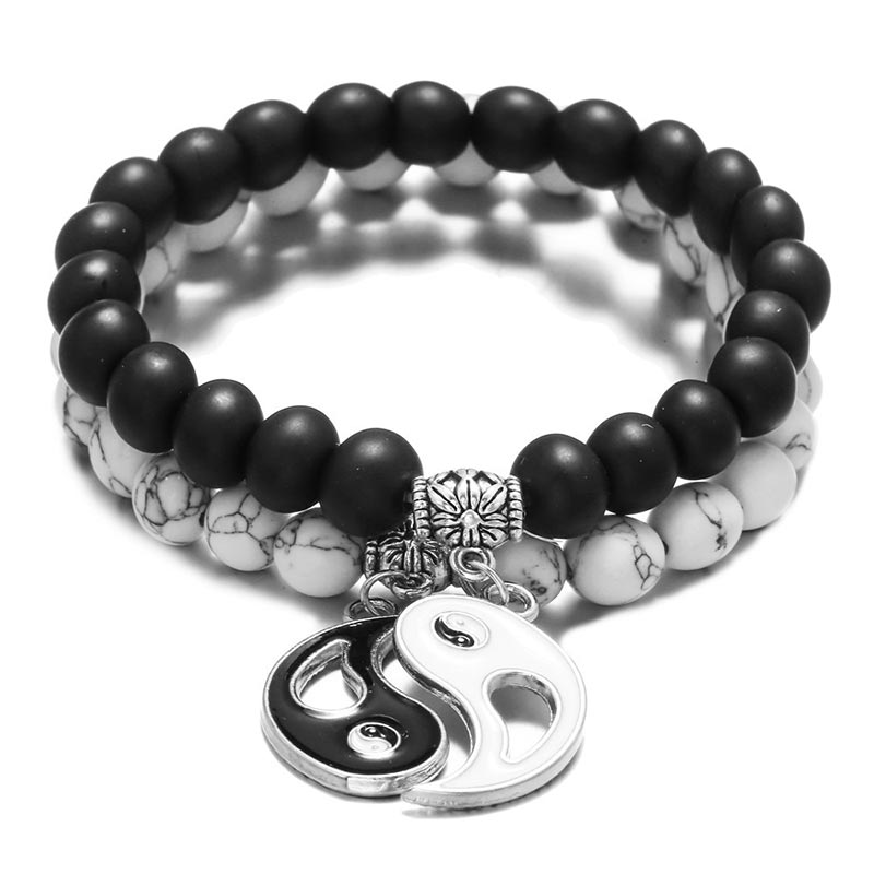 Buddha Stones 2 Stück natürliches schwarzes Onyx- Weiß -Türkis-Perlen-Yin-Yang-Paar-Armband - image 0
