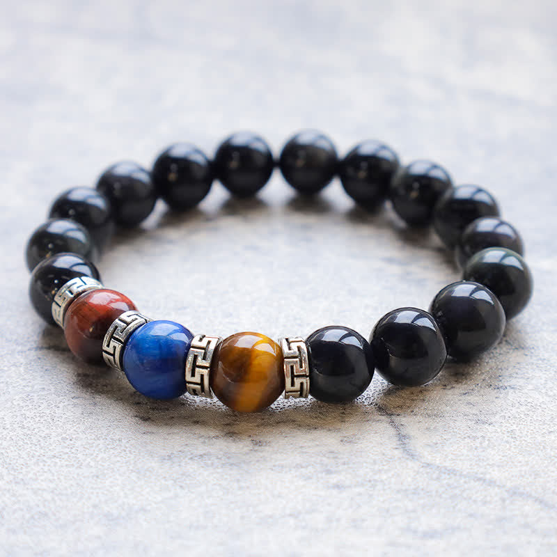 Buddha Stones ​​Natürliches Schwarzes Obsidian Dreifarbiges Tigerauge Stärke-Armband - image 0