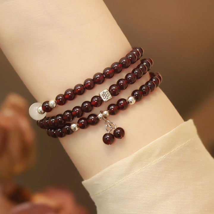 Buddha Stones 925 Sterling Silber Natürlicher Granat Katzenaugenschutz Dreifach gewickeltes Armband - 18 cm - image 1
