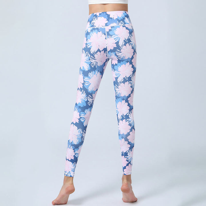 Buddha-Steine, Blumen, Blätter-Druck, Sport, Fitness, Yoga, hohe Taille, Leggings für Damen