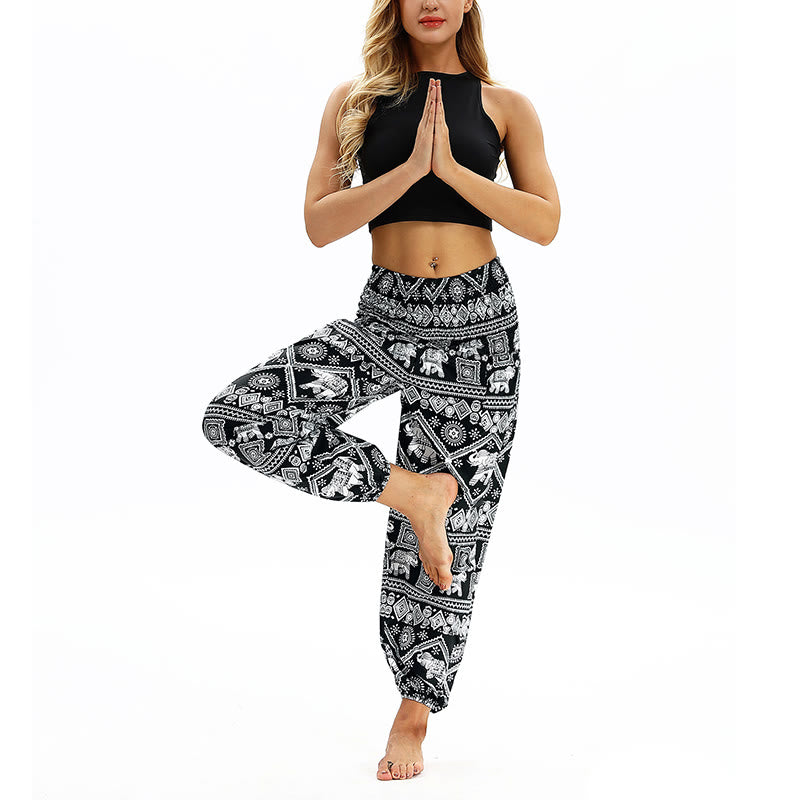 Buddha Stones Boho Lockere Haremshose mit geometrischem Elefantenmuster für Damen, Yogahose