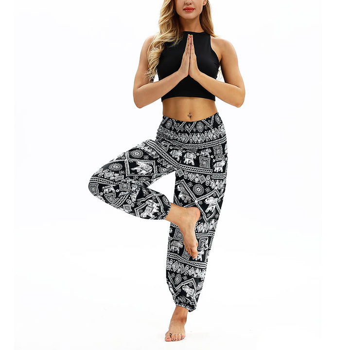 Buddha Stones Boho Lockere Haremshose mit geometrischem Elefantenmuster für Damen, Yogahose