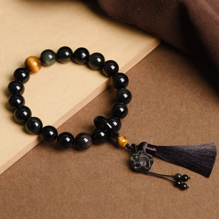 Buddha Stones, natürlicher schwarzer Obsidian, Löwe, Handgelenk-Mala, Schutzquasten, Taschen-Mala, Auto-Dekoration