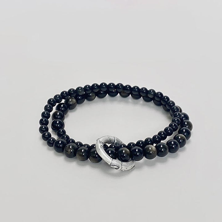 Buddha Stones Armband aus 999er-Sterlingsilber mit schwarzem Obsidian Fulfillment Strength, doppellagig