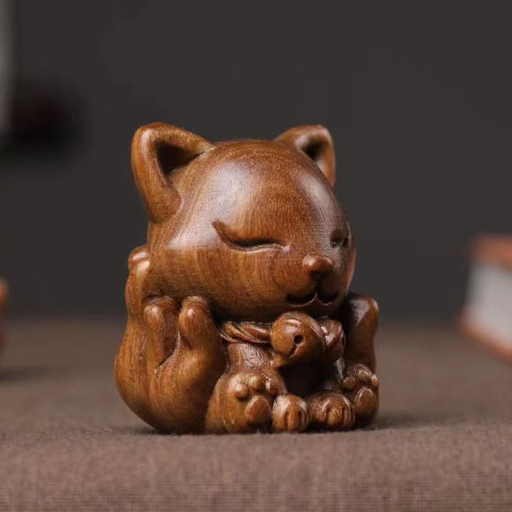 Buddha Stones, Mini-Neunschwänziger Fuchs, Elfenbein, Frucht, Sandelholz, grünes Sandelholz, Segensdekoration
