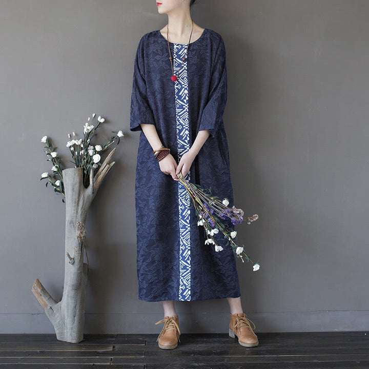 Buddha Stones – Jacquard-Midikleid mit Blumenstickerei, Blau, Dreiviertelärmeln, Baumwollkleid mit Taschen