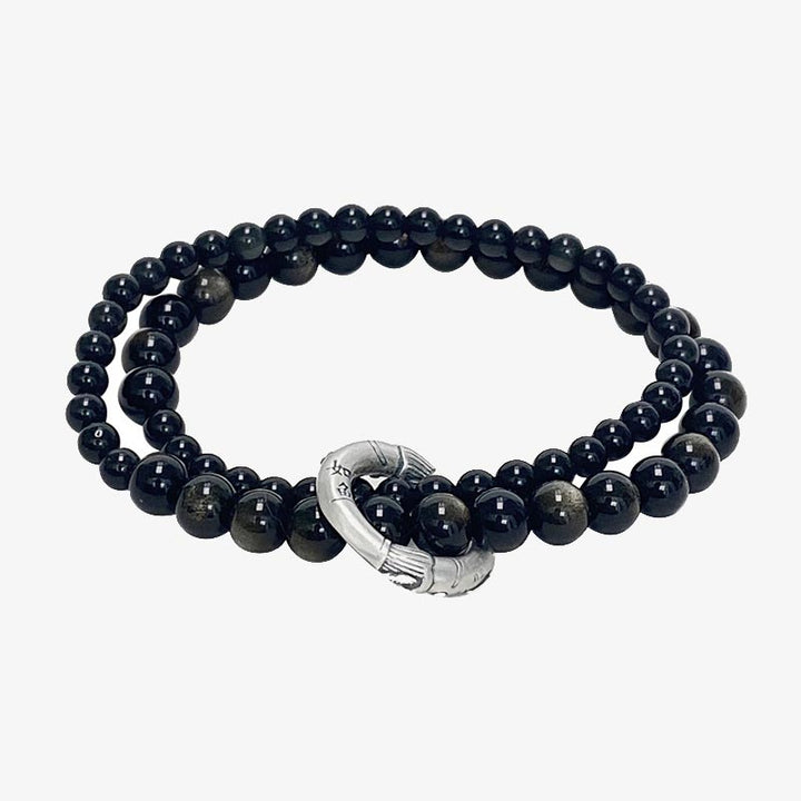 Buddha Stones Armband aus 999er-Sterlingsilber mit schwarzem Obsidian Fulfillment Strength, doppellagig