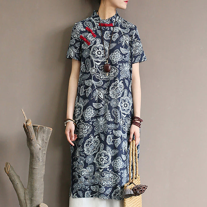 Buddha Stones Blau- Weiß Blume Froschknopf Cheongsam Kleider Kurzarm Leinenkleider mit Taschen