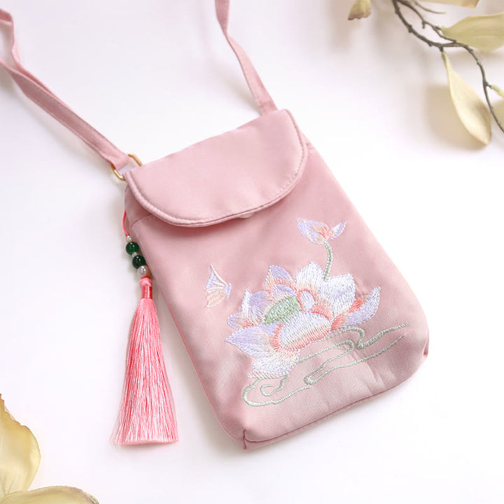 Buddha Stones Kleine Tasche mit gestickten Blumen, Crossbody-Tasche, Schultertasche, zweilagige Handytasche