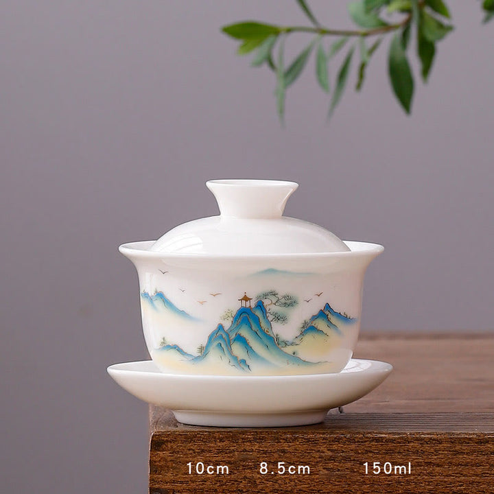 Buddha-Steine, Weiß Porzellan, Berglandschaft, Landschaft, Keramik, Gaiwan-Teetasse, Kung-Fu-Teetasse und Untertasse mit Deckel