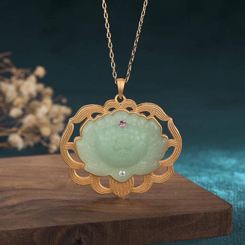 Natürlicher Jade-Lotus-Harmonie-Halskettenanhänger - 40*40 mm - image 1