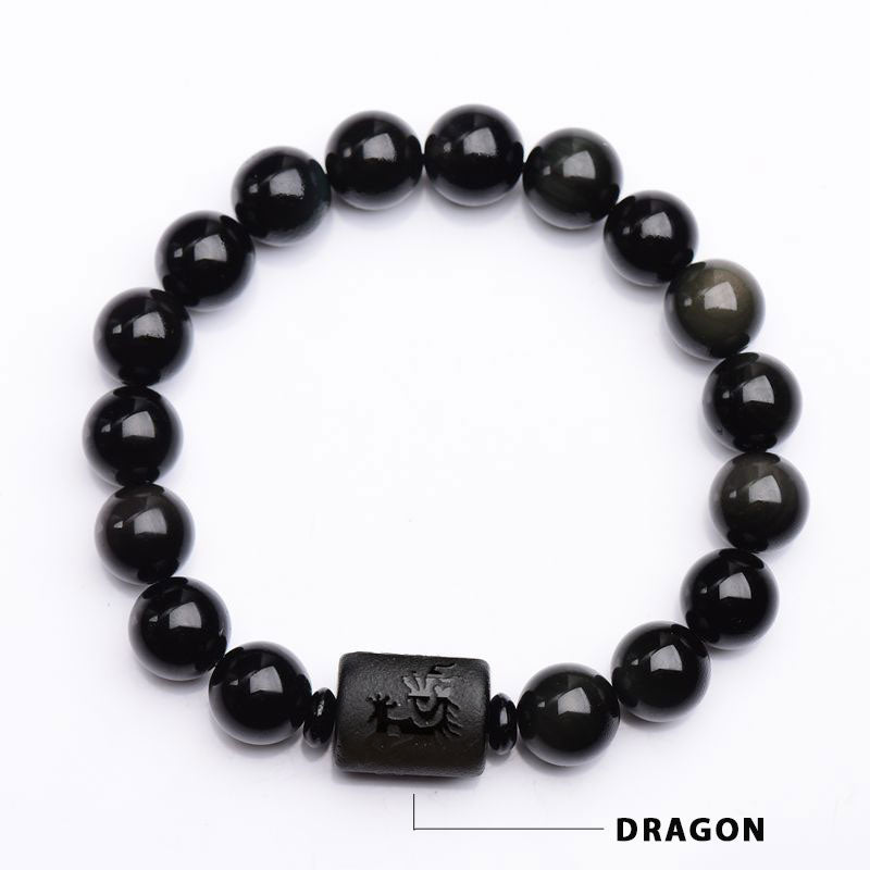 Buddha Stones Seelenreinigendes schwarzes Obsidian-Phoenix-Drachen-Armband